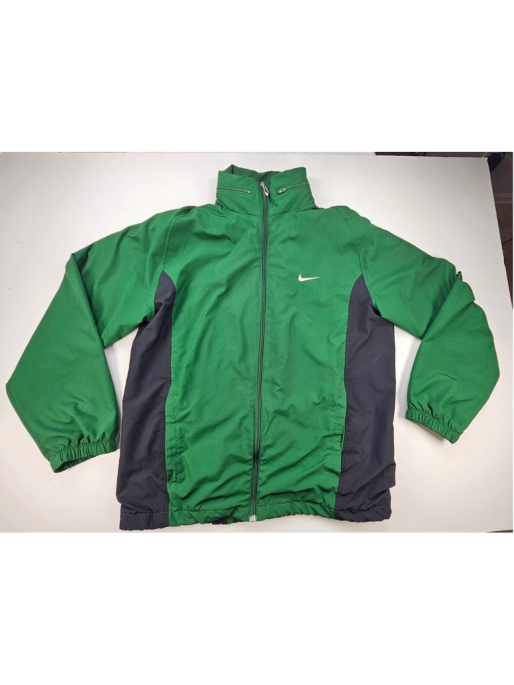 Nike Y2K Windbreaker Jacket Mens L Green Black Packable Hood Full Zip Lined